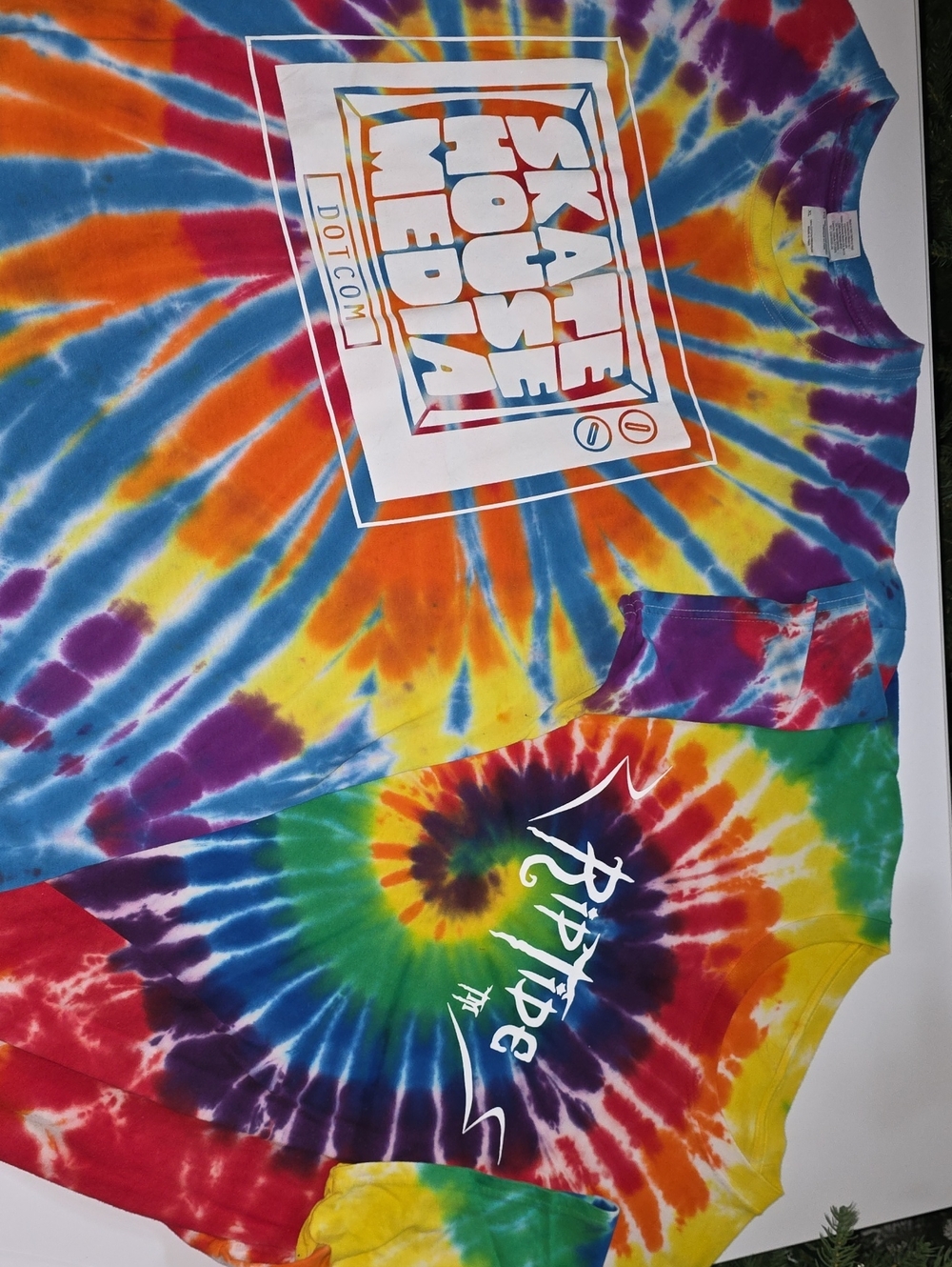 (2) Gildan Skate Tie-Dye Tees with White SKATE HOUSE MEDIA and RIPTIDE logos